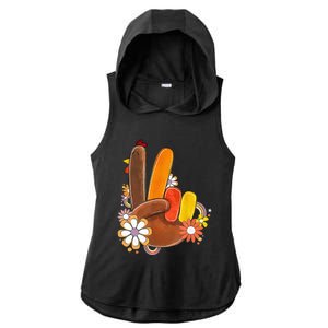 Retro Groovy Peace Turkey Grateful Hand Sign Thanksgiving Ladies PosiCharge Tri-Blend Wicking Draft Hoodie Tank