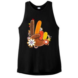 Retro Groovy Peace Turkey Grateful Hand Sign Thanksgiving Ladies PosiCharge Tri-Blend Wicking Tank