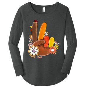 Retro Groovy Peace Turkey Grateful Hand Sign Thanksgiving Women's Perfect Tri Tunic Long Sleeve Shirt