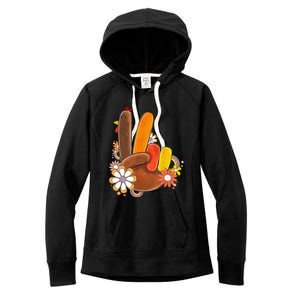 Retro Groovy Peace Turkey Grateful Hand Sign Thanksgiving Women's Fleece Hoodie