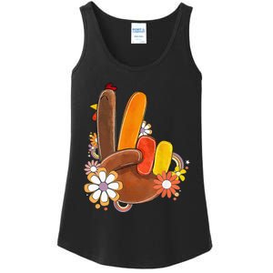 Retro Groovy Peace Turkey Grateful Hand Sign Thanksgiving Ladies Essential Tank