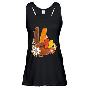 Retro Groovy Peace Turkey Grateful Hand Sign Thanksgiving Ladies Essential Flowy Tank