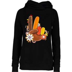 Retro Groovy Peace Turkey Grateful Hand Sign Thanksgiving Womens Funnel Neck Pullover Hood