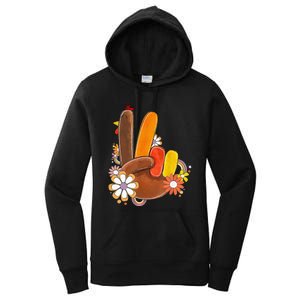 Retro Groovy Peace Turkey Grateful Hand Sign Thanksgiving Women's Pullover Hoodie