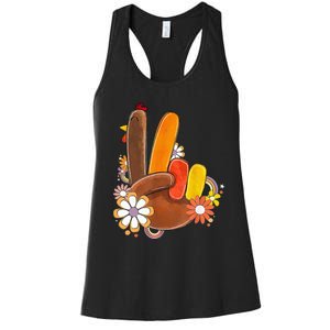 Retro Groovy Peace Turkey Grateful Hand Sign Thanksgiving Women's Racerback Tank