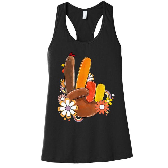 Retro Groovy Peace Turkey Grateful Hand Sign Thanksgiving Women's Racerback Tank