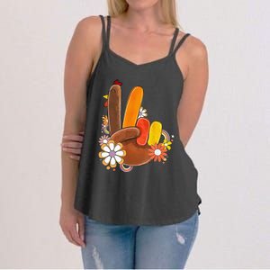 Retro Groovy Peace Turkey Grateful Hand Sign Thanksgiving Women's Strappy Tank