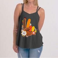 Retro Groovy Peace Turkey Grateful Hand Sign Thanksgiving Women's Strappy Tank