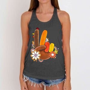 Retro Groovy Peace Turkey Grateful Hand Sign Thanksgiving Women's Knotted Racerback Tank