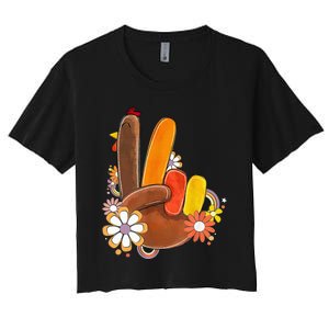 Retro Groovy Peace Turkey Grateful Hand Sign Thanksgiving Women's Crop Top Tee