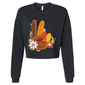 Retro Groovy Peace Turkey Grateful Hand Sign Thanksgiving Cropped Pullover Crew