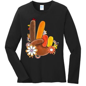 Retro Groovy Peace Turkey Grateful Hand Sign Thanksgiving Ladies Long Sleeve Shirt