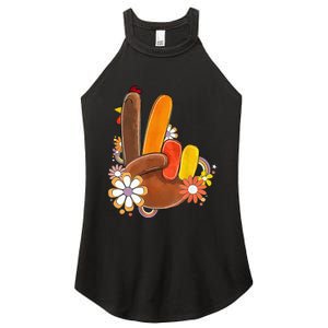 Retro Groovy Peace Turkey Grateful Hand Sign Thanksgiving Women's Perfect Tri Rocker Tank