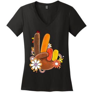 Retro Groovy Peace Turkey Grateful Hand Sign Thanksgiving Women's V-Neck T-Shirt