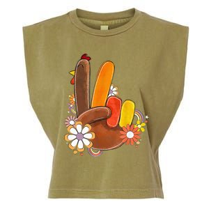 Retro Groovy Peace Turkey Grateful Hand Sign Thanksgiving Garment-Dyed Women's Muscle Tee