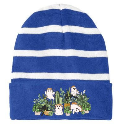 Retro Ghost Plant Lady Mama Halloween Spooky Botany Gift Striped Beanie with Solid Band