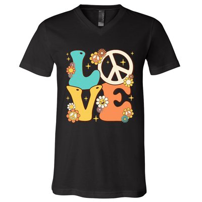 Retro Groovy Peace Sign Love 60s 70s Costume Hippie Theme V-Neck T-Shirt