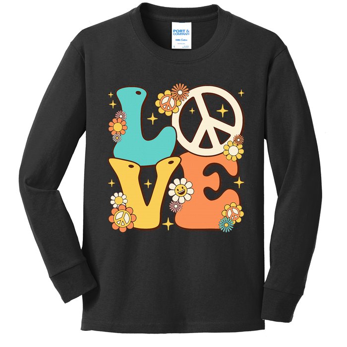 Retro Groovy Peace Sign Love 60s 70s Costume Hippie Theme Kids Long Sleeve Shirt