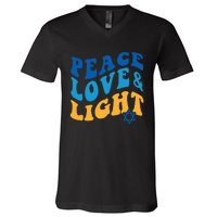 Retro Groovy Peace Love and Light Hanukkah Jewish Chanukah V-Neck T-Shirt