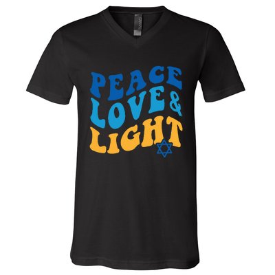 Retro Groovy Peace Love and Light Hanukkah Jewish Chanukah V-Neck T-Shirt