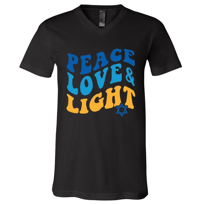 Retro Groovy Peace Love and Light Hanukkah Jewish Chanukah V-Neck T-Shirt