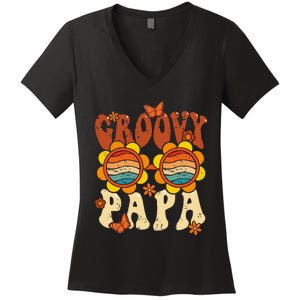 Retro Groovy Papa 70s Aesthetic 1970's Father's Day Women's V-Neck T-Shirt