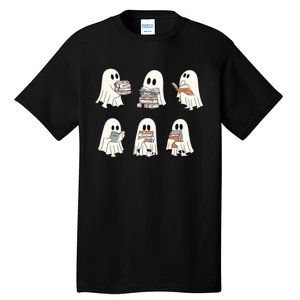 Retro Ghost Reading Book Librarian Teacher Halloween Tall T-Shirt