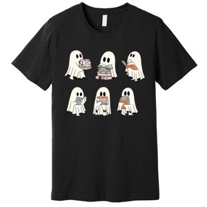 Retro Ghost Reading Book Librarian Teacher Halloween Premium T-Shirt