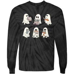 Retro Ghost Reading Book Librarian Teacher Halloween Tie-Dye Long Sleeve Shirt