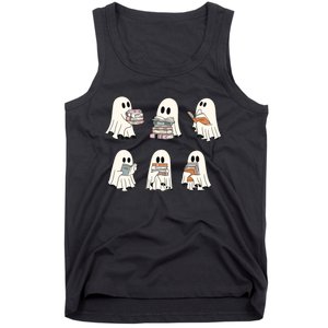 Retro Ghost Reading Book Librarian Teacher Halloween Tank Top