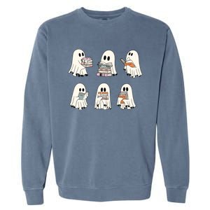 Retro Ghost Reading Book Librarian Teacher Halloween Garment-Dyed Sweatshirt