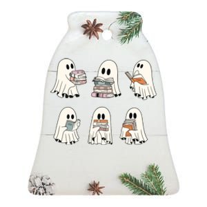 Retro Ghost Reading Book Librarian Teacher Halloween Ceramic Bell Ornament