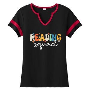 Retro Groovy Reading Squad Girls Cute Reading Teacher Ladies Halftime Notch Neck Tee