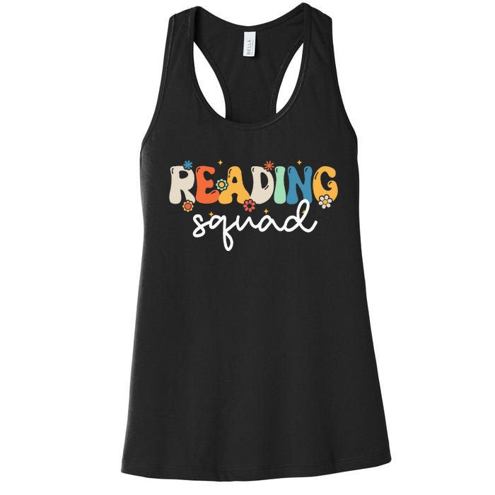 Retro Groovy Reading Squad Girls Cute Reading Teacher Women's Racerback Tank