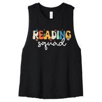 Retro Groovy Reading Squad Girls Cute Reading Teacher Women's Racerback Cropped Tank