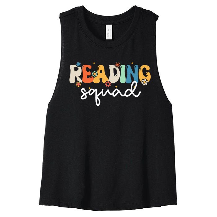 Retro Groovy Reading Squad Girls Cute Reading Teacher Women's Racerback Cropped Tank