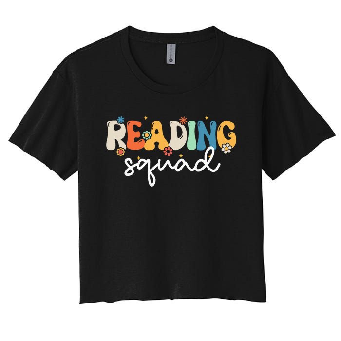 Retro Groovy Reading Squad Girls Cute Reading Teacher Women's Crop Top Tee