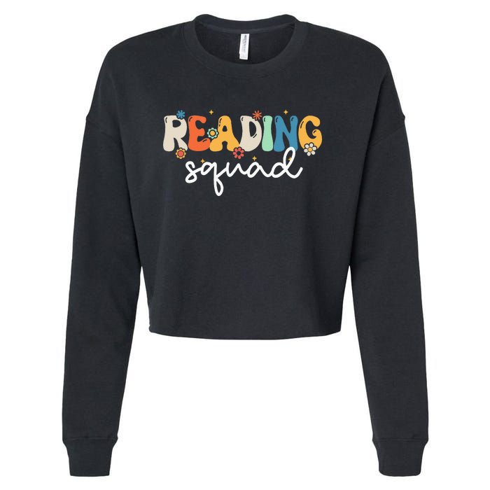 Retro Groovy Reading Squad Girls Cute Reading Teacher Cropped Pullover Crew