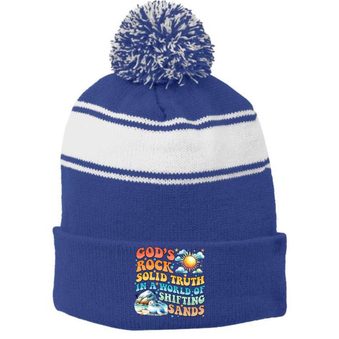 Retro GodS Rock Solid Truth Summer Camp Vbs 2024 Gift Stripe Pom Pom Beanie