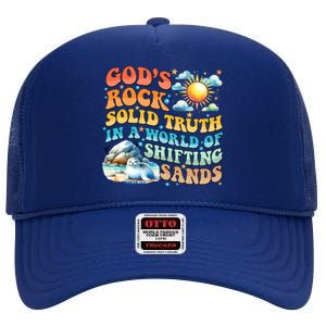 Retro GodS Rock Solid Truth Summer Camp Vbs 2024 Gift High Crown Mesh Back Trucker Hat