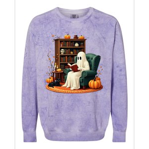 Retro Ghost Reading Books Halloween Teacher 2024 Colorblast Crewneck Sweatshirt