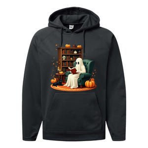 Retro Ghost Reading Books Halloween Teacher 2024 Performance Fleece Hoodie