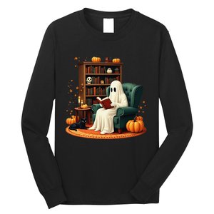 Retro Ghost Reading Books Halloween Teacher 2024 Long Sleeve Shirt