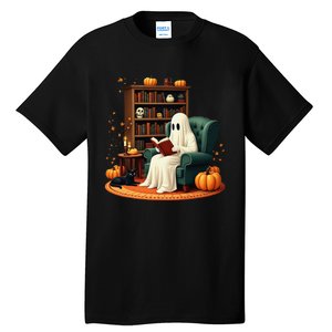 Retro Ghost Reading Books Halloween Teacher 2024 Tall T-Shirt