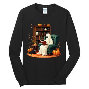 Retro Ghost Reading Books Halloween Teacher 2024 Tall Long Sleeve T-Shirt