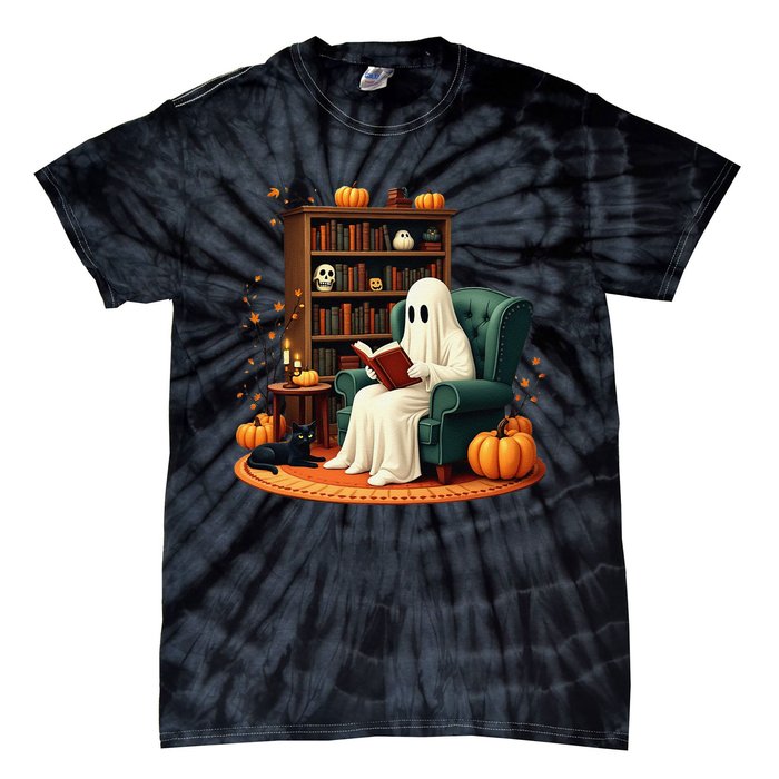 Retro Ghost Reading Books Halloween Teacher 2024 Tie-Dye T-Shirt