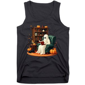 Retro Ghost Reading Books Halloween Teacher 2024 Tank Top