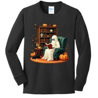 Retro Ghost Reading Books Halloween Teacher 2024 Kids Long Sleeve Shirt