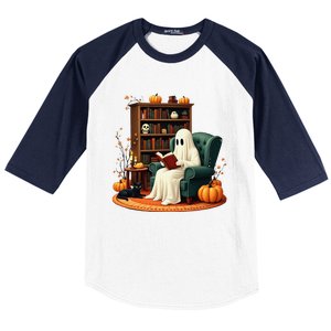 Retro Ghost Reading Books Halloween Teacher 2024 Baseball Sleeve Shirt