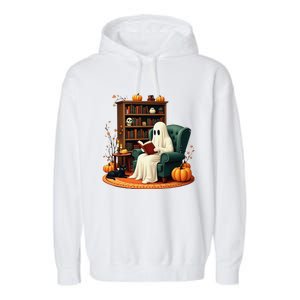 Retro Ghost Reading Books Halloween Teacher 2024 Garment-Dyed Fleece Hoodie